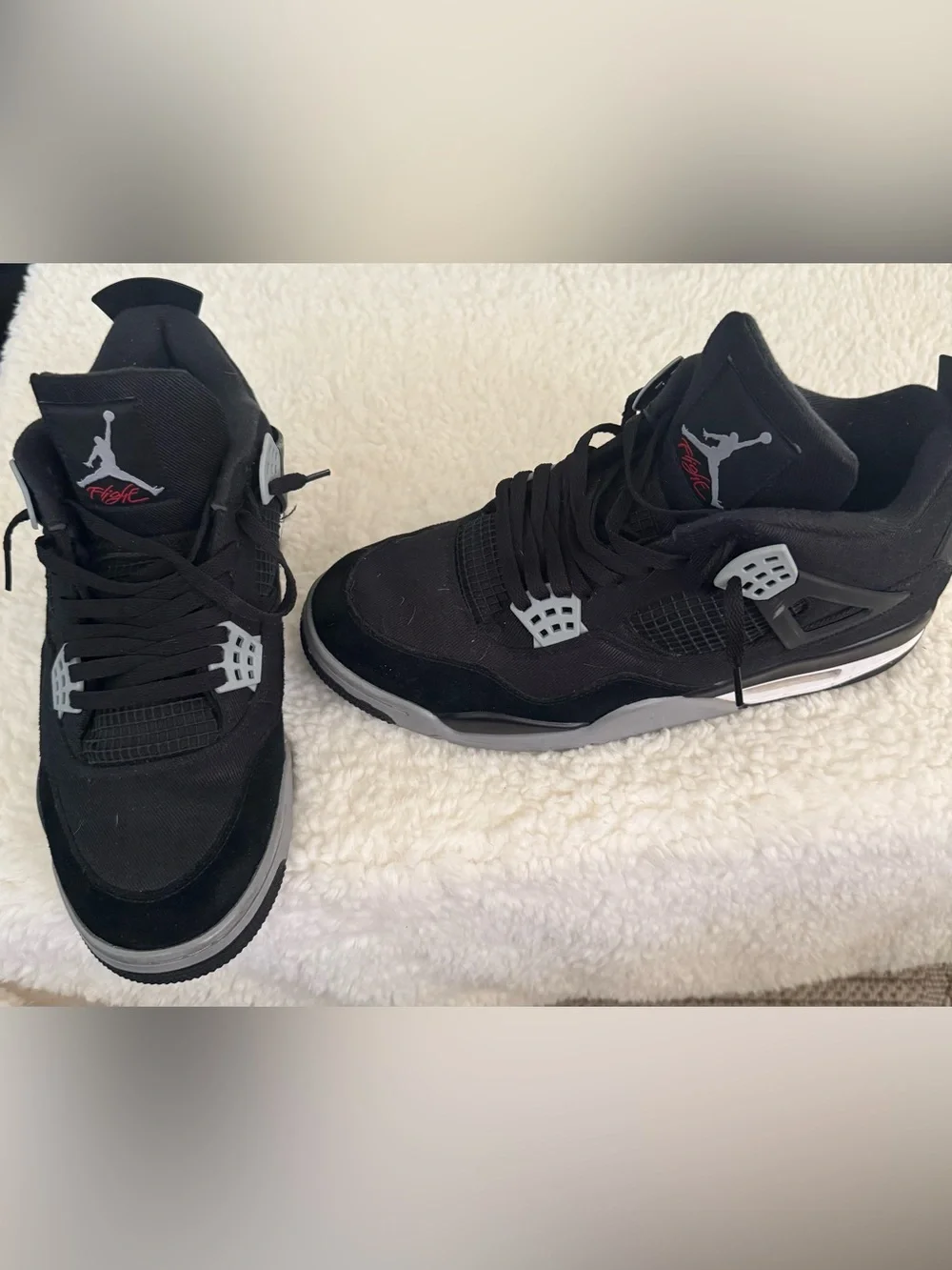 Jordan 4 Men’s Black and Gray Retro Sneakers with Red Logo